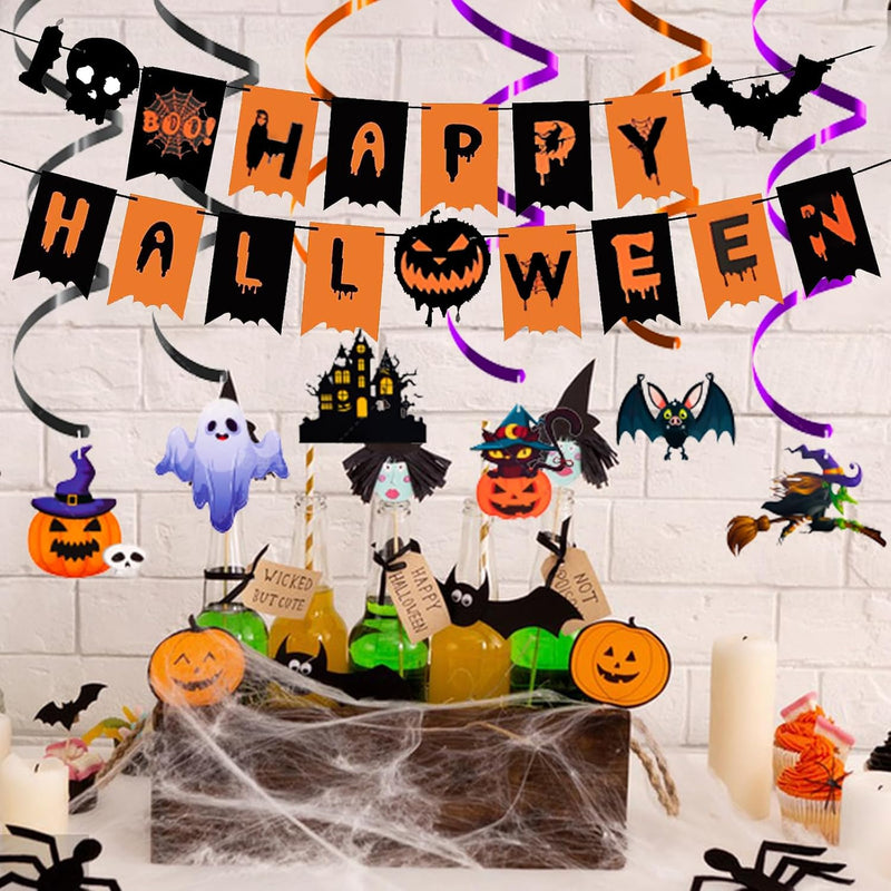 Halloween Party Decorations Set - 5Pack HalloweenDecor Festive Happy Halloween Banner Hanging Swirls & Spider Web Table Decorations & Mantel Scarf & 3D Bat Sticker for Hallo-ween Party Home