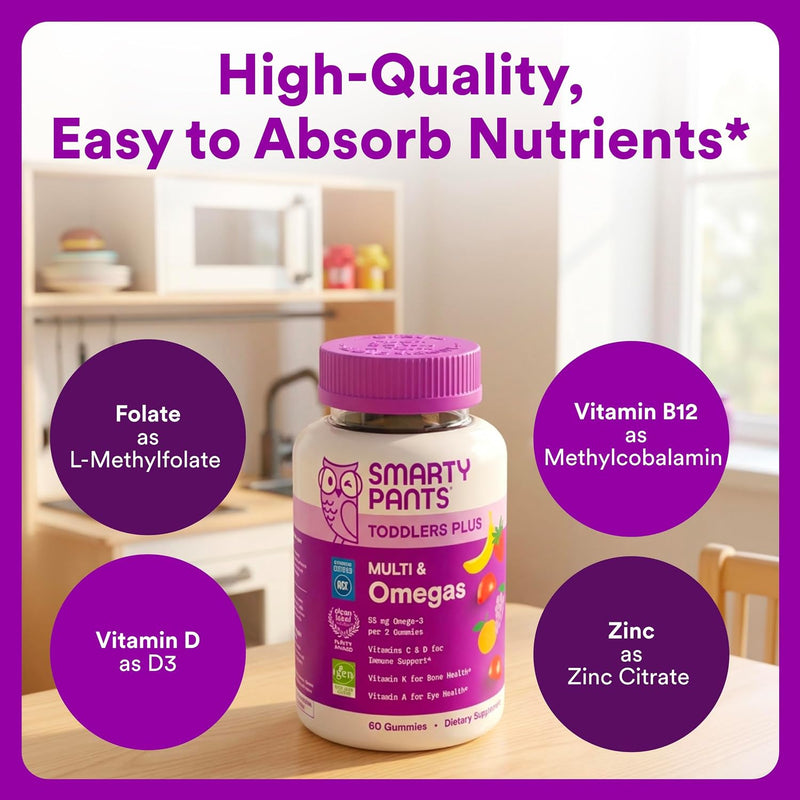 Toddler Multivitamin Gummies - Improved Formula: Omega 3 (DHA/EPA), Vitamins D3, C, Vitamin B12, B6, A, K & Zinc, Biotin, Gluten Free, Three Fruit Flavors, 60 Count (30 Day Supply)