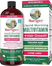 MaryRuth's Liquid Multivitamin + Lustriva Hair Growth for Women Biotin 10000mcg Vitamin D B Vitamins Clinically Tested for Thicker Hair, Wrinkles, Fine Lines, Skin Care Ages 18+ 30 Fl Oz - Dragon Fruit Melon 30.1 Fl Oz (Pack of 1)