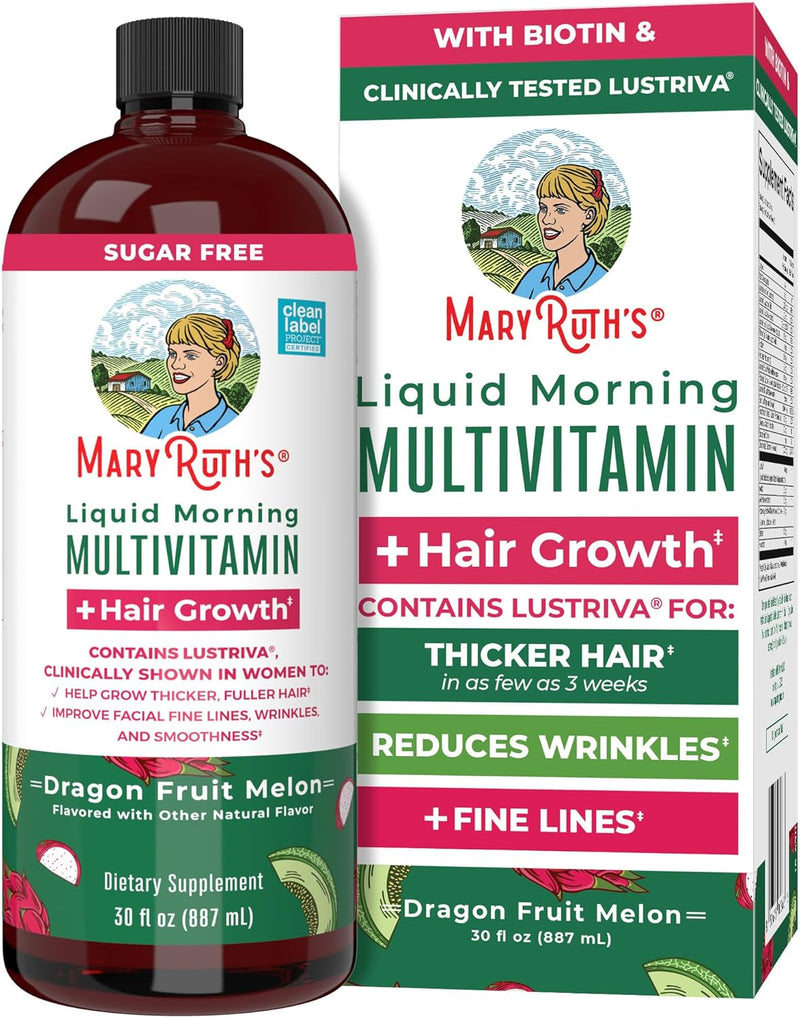 MaryRuth's Liquid Multivitamin + Lustriva Hair Growth for Women Biotin 10000mcg Vitamin D B Vitamins Clinically Tested for Thicker Hair, Wrinkles, Fine Lines, Skin Care Ages 18+ 30 Fl Oz - Dragon Fruit Melon 30.1 Fl Oz (Pack of 1)