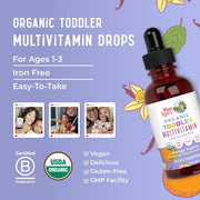 Multivitamin & Multimineral for Toddlers by USDA Sugar Free Multivitamin Liquid Drops for Kids Ages 1-3 Immune Support & Overall Wellness Vegan Non-GMO 2 Fl Oz