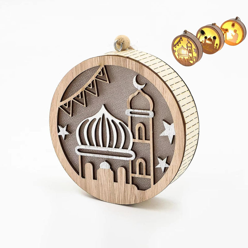 Eid Ramadan Crafts Light Door Hanging Decoration Ramadan Mubarak Lamp Handmade Wooden Star LED Lights Decor Eid Ornaments Gift for Muslims Islamic Wall Table Decor Ramadan Gift (Mosque)