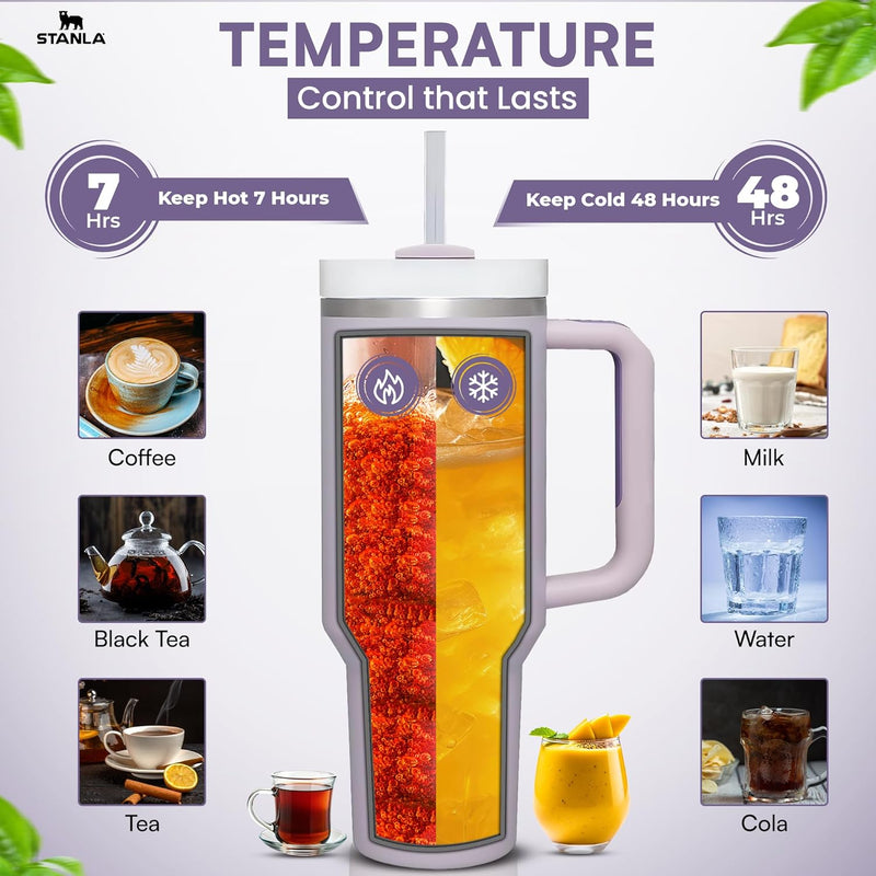 STANLA 40 oz Tumbler with Lid and Straw | Travel Mug for Iced Tea & Coffee | 100% Leakproof, Stainless Steel Insulated Tumbler for School,Office & Gym | Cup Holder Friendly Base (Cream)