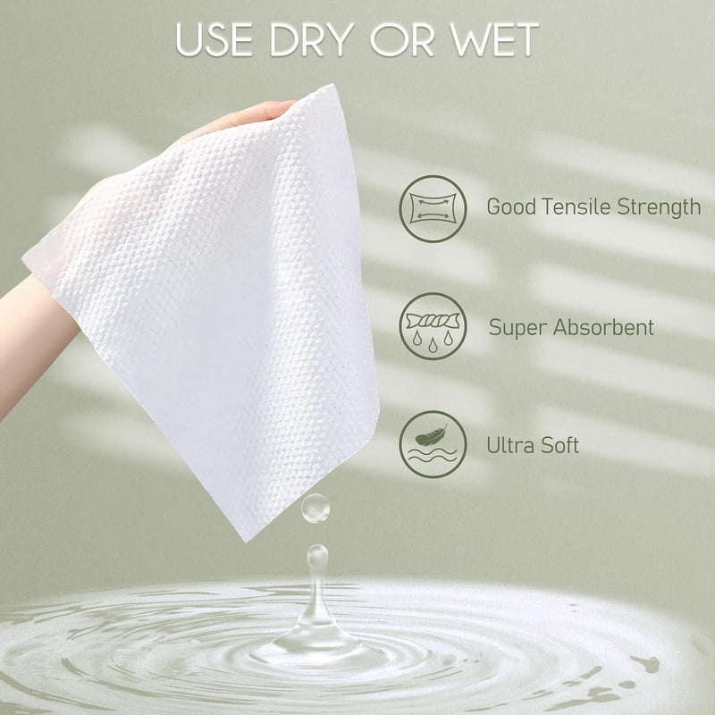 Disposable Face Towel, 300 Count Cotton Dry Facial Tissue- Soft Cleansing Towels for Makeup Removal, Nursing, and Travel - Gentle Dry Wipes for Face and Surface Cleaning