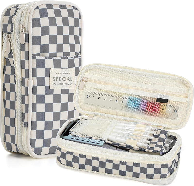 Large Capacity Pencil Case with Zipper, Cute Checkerboard Pencil Pouch for School Office College, Stationery Storage Bag Box Holder for Student Teen Girls Boyd Back to School Gifts (Pink) - Grey