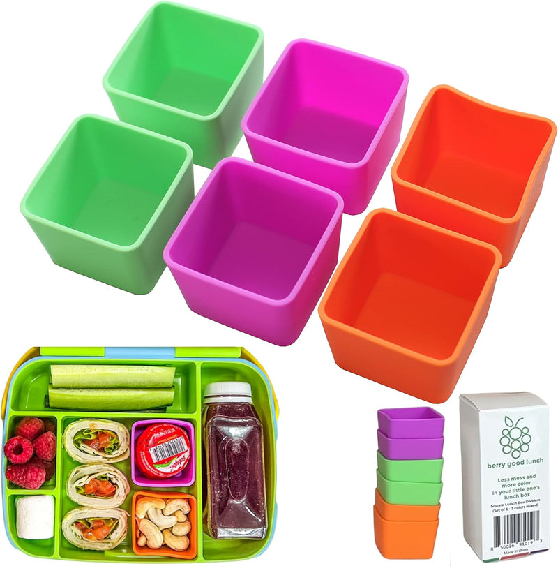 Squared Silicone Box Dividers 6pcs - Bento Box Divider 2"x2"x1.5" - Silicone Cupcake Baking Cups - Bento Box Accessories Meal Prep Containers Reusable - 6 Square - Green, Orange, Purple
