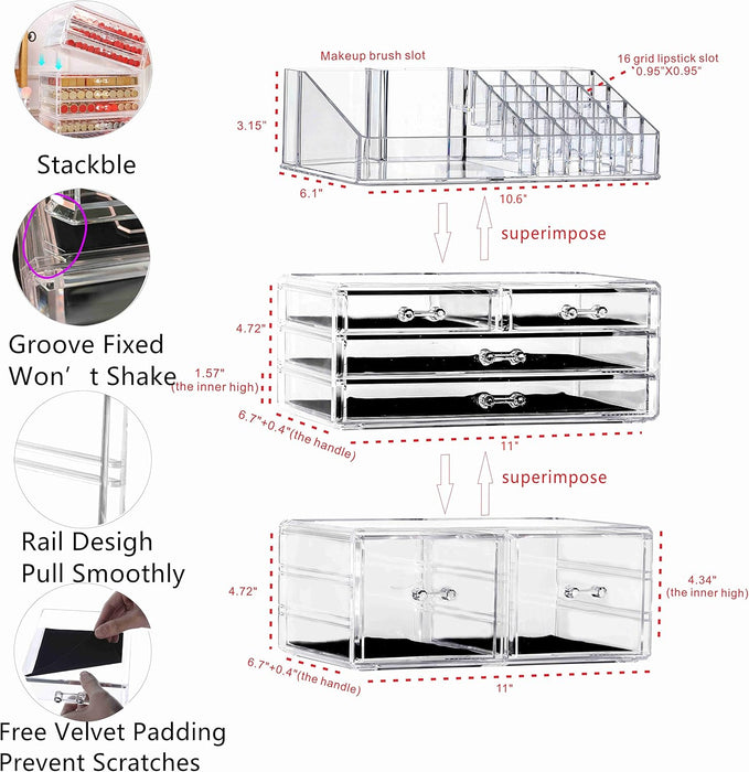 Large Clear Makeup Organizer Skin Care Cosmetic Display Cases Stackable Storage Box With 9 Drawers,Set of 4 By Cq acrylic