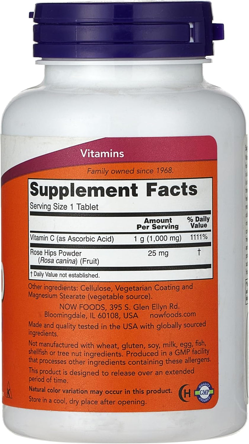 Foods Vitamin C-1000 Sustained Release with Rose Hips Time-Release Vitamin C for Immune Support & Antioxidant Protection & Collagen Formation & Long-Lasting Absorption 100 Tablets