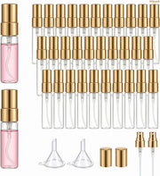 Zimtty 50 Pcs 10ml Glass Perfume Spray Bottles, Refillable Mini Atomizers with Caps, Portable Travel Sample Containers, Fine Mist Sprayers, Includes 2 Funnels, Ideal for Perfumes, Essential Oils - 5ml+Gold Plastic Cap