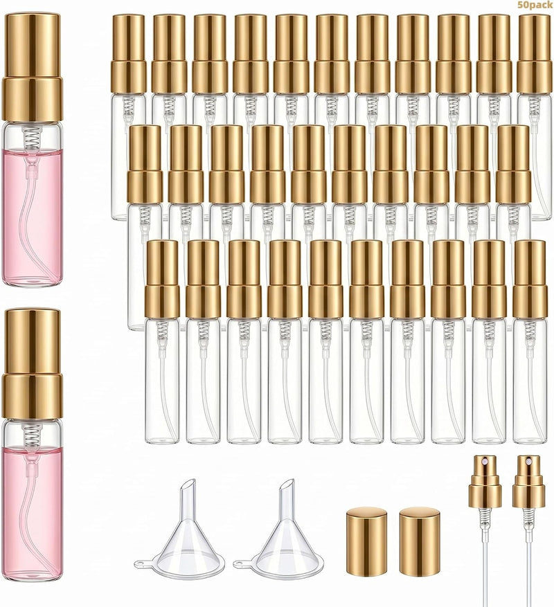 Zimtty 50 Pcs 10ml Glass Perfume Spray Bottles, Refillable Mini Atomizers with Caps, Portable Travel Sample Containers, Fine Mist Sprayers, Includes 2 Funnels, Ideal for Perfumes, Essential Oils - 5ml+Gold Plastic Cap