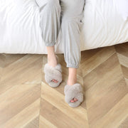 Women's Cross Band Slippers Soft Plush Furry Cozy Open Toe House Shoes Indoor Outdoor Faux Rabbit Fur Warm Comfy Slip On Breathable