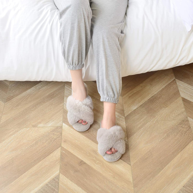 Women's Cross Band Slippers Soft Plush Furry Cozy Open Toe House Shoes Indoor Outdoor Faux Rabbit Fur Warm Comfy Slip On Breathable