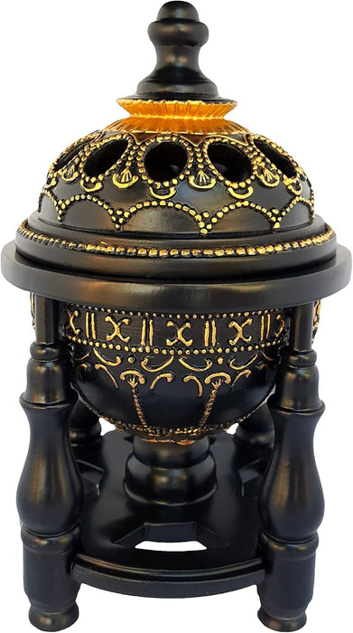 AM Charcoal Incense Burner - Bakhoor Burner, Oud Frankincense Resin Burner - for Office & Home Decor - Lavish 4 Pillar Black