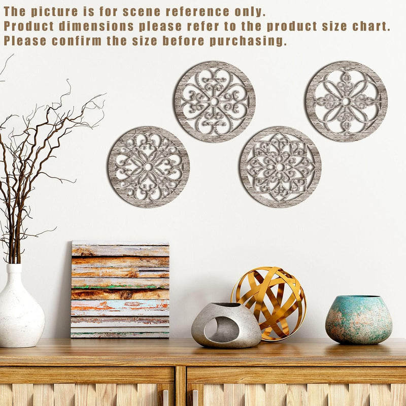 Yulejo 4 Pcs Thicken Rustic Wall Decor Farmhouse Wall Art Wooden Hollow Carved Design Decor Rustic Round Wall Art for Living Room Bedroom Hallway Decor Kitchen Wall (Black, Brown,9.8 x 9.8 Inch)