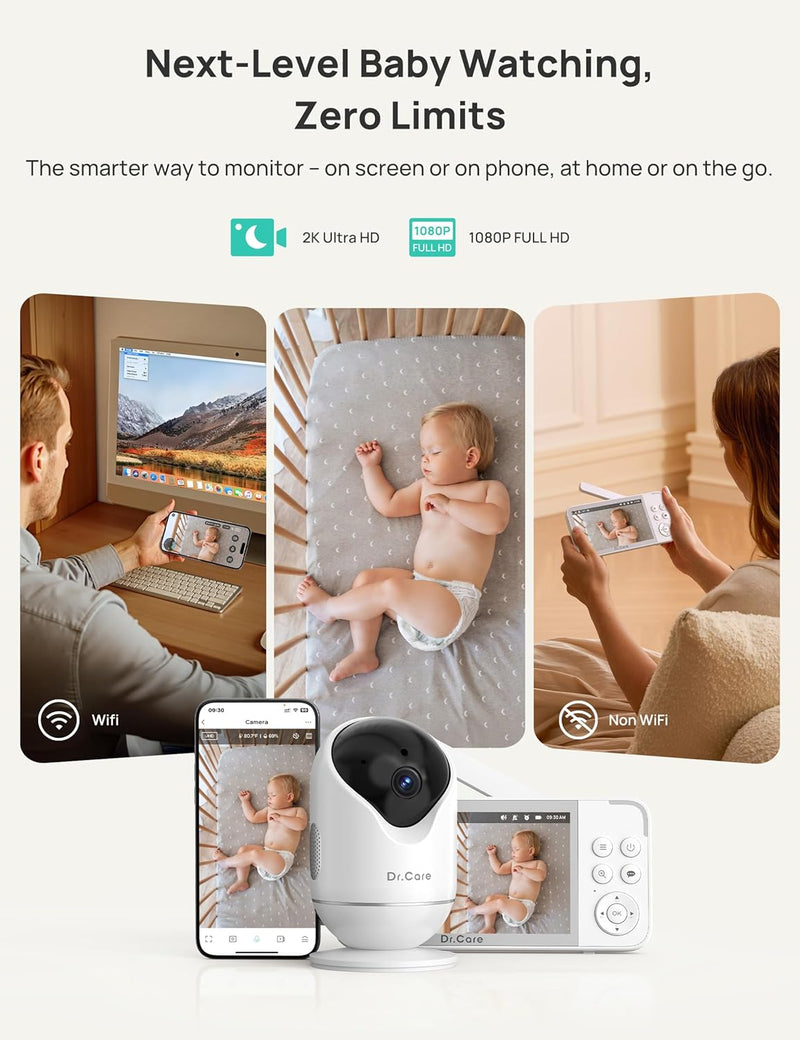 Dr.Care VistaView Smart WLAN Baby Monitor with Camera, 5 Inch 1080P HD, 2K Camera, App Control, Motion & Crying Alarm, Night Vision, 5000 mAh, Two-Way Audio, 390 m Range
