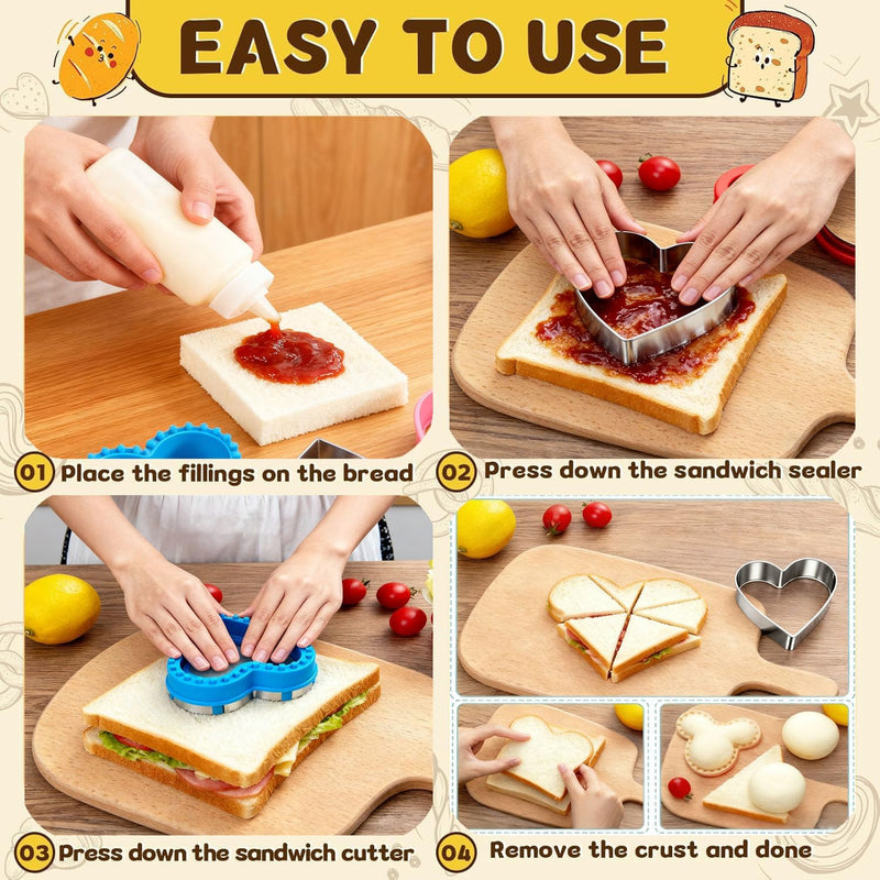 24-Piece Sandwich Cutter and Sealer Set for Bread and Pancakes, Fun Shape Lunch Box Maker with Animal and Geometric Designs