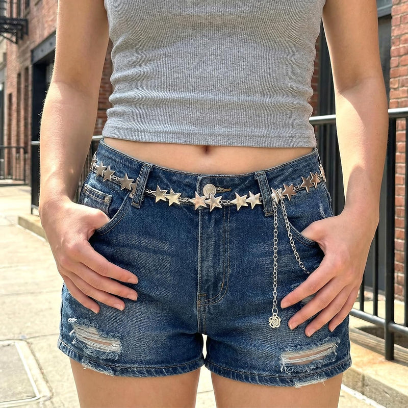 2 Pcs Star Waist Chain Belt, Adjustable Y2K Metal Star Jeans Pants Chain, Punk Pocket Body Belly Chains for Dresses, Jeans, Casual, Formal, Rave, Goth Accessories for Women and Men