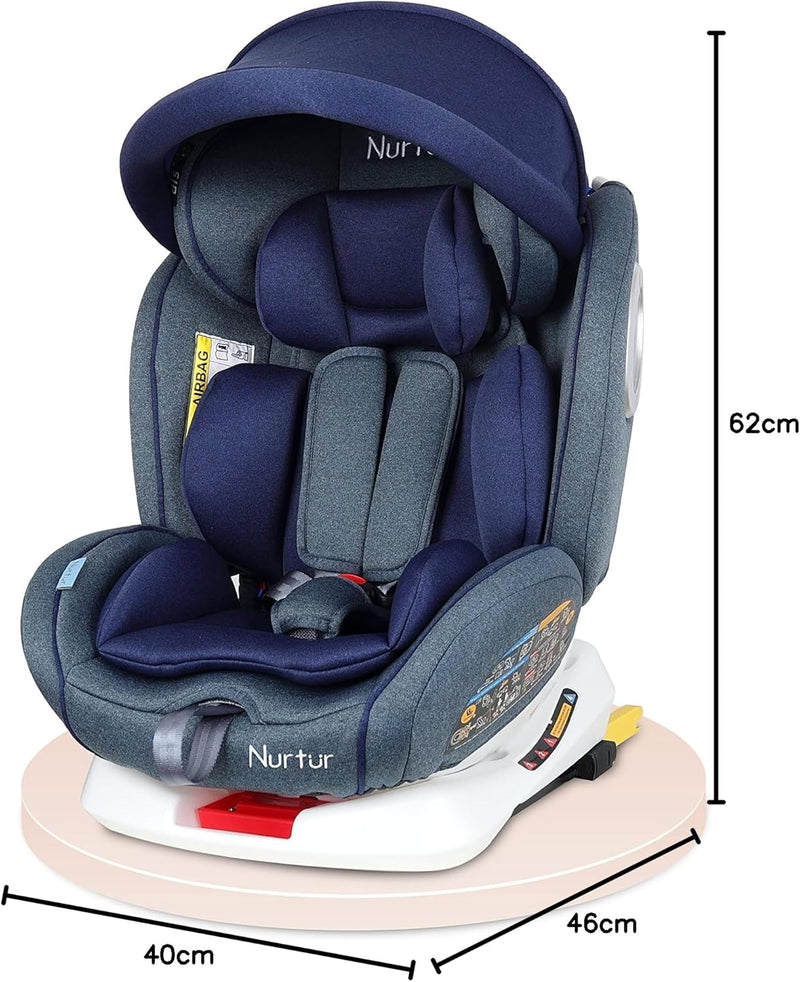 Nurtur Ultra Baby/Kids 4-in-1 Car Seat - 360 Rotation - ISOFIX 9-Level Adjustable Headrest and Canopy - 0 months to 12 years (Group 0+/1/2/3), Upto 36kg- Shiny Blue