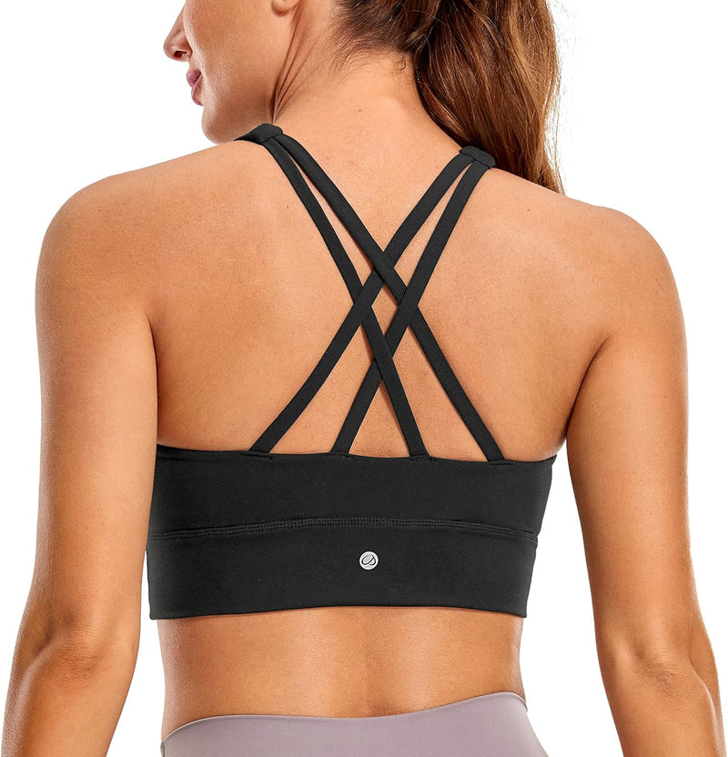 CRZ YOGA Womens Butterluxe Strappy High Neck Longline Sports Bra - Padded Criss Cross Back Workout Sports Bras Crop Tank Top