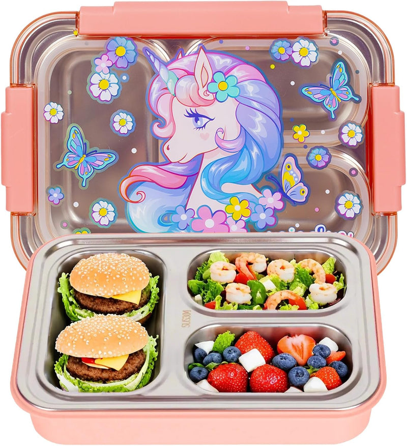 Stainless Steel Bento Lunch Box for Kids, 710ml/23.5oz BPA-Free Leak-Proof Children Food Containers with 3 Compartments, Back to School Students Daycare Lunches Snack Container Size for Age 4-8 - Unicorn