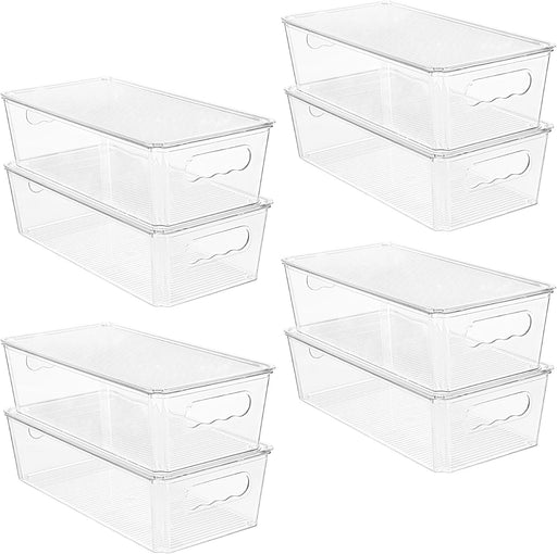 Vtopmart 4 PCS Clear Fridge Organizers and Storage Bins with Lids, Stackable Plastic Containers Boxes with Handles for Fridge, Freezer, Pantry, Cabinet, Kitchen Organization - 8pack12''w
