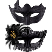 Couple Masquerade Masks Set Venetian Party Mask Plastic Halloween Costume Mask Mardi Gras Mask for Couples Women and Men, Black Silver - Flower Black