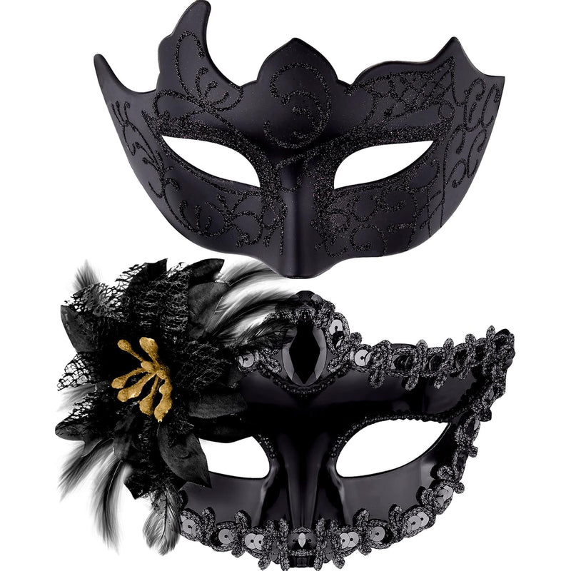 Couple Masquerade Masks Set Venetian Party Mask Plastic Halloween Costume Mask Mardi Gras Mask for Couples Women and Men, Black Silver - Flower Black