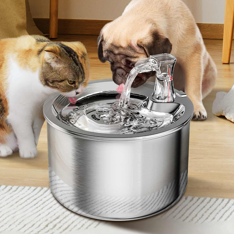 Cat Water Fountain, Stainless Steel Pet Water Fountain for Cats Inside Ultra-Quiet Pump, 2L/67oz Automatic Dog Dispenser Water Bowl, Multiple Pets Water Fountain - Round