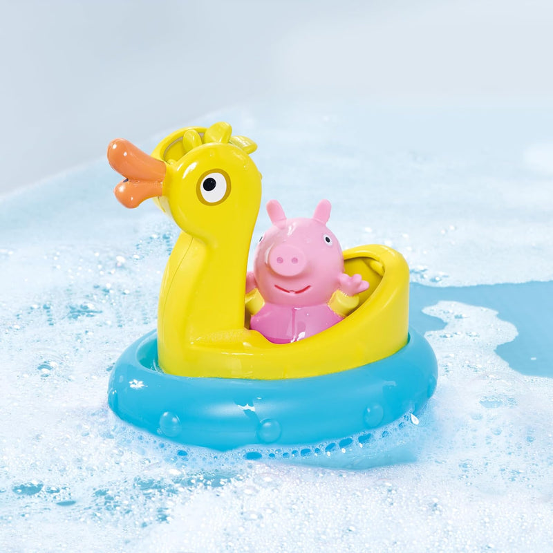 TOMY Toomies Peppa Pig Peppa and Duck Bath Float - Peppa Water Squirter Bath Toy and Duck Pourer Float with Water Wheel - Officially Licensed Peppa Pig Toys - Baby Bath Toys for +18 Months, Small