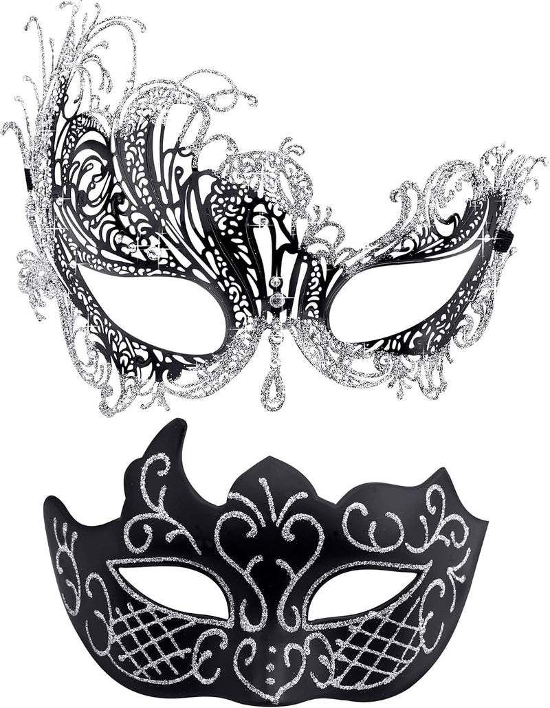 2 Stck Venezianische Maske Paar Maskerade Mask Venezianischen Maske Kostm Masken fr Damen Herren Halloween Karneval Party - Iron Phoenix Black & Silver