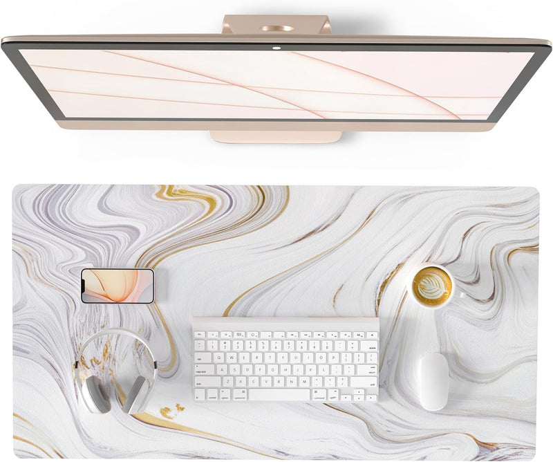 QIYI Large Mouse Pad, Cute Pink Desk Mat for Desktop, Women Girls PU Leather Waterproof Gaming Mousepad, Rose Gold Marble Computer PC Laptop Protector Writing Pads for School Office Home 31.5" x 15.7" - Luxury Marble Ink 31.5" x 15.7"
