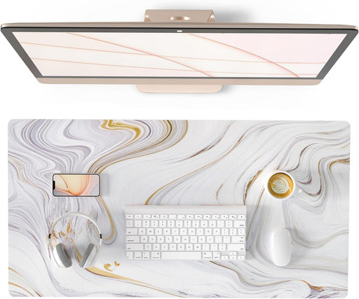 QIYI Large Mouse Pad, Cute Pink Desk Mat for Desktop, Women Girls PU Leather Waterproof Gaming Mousepad, Rose Gold Marble Computer PC Laptop Protector Writing Pads for School Office Home 31.5" x 15.7" - Luxury Marble Ink 31.5" x 15.7"