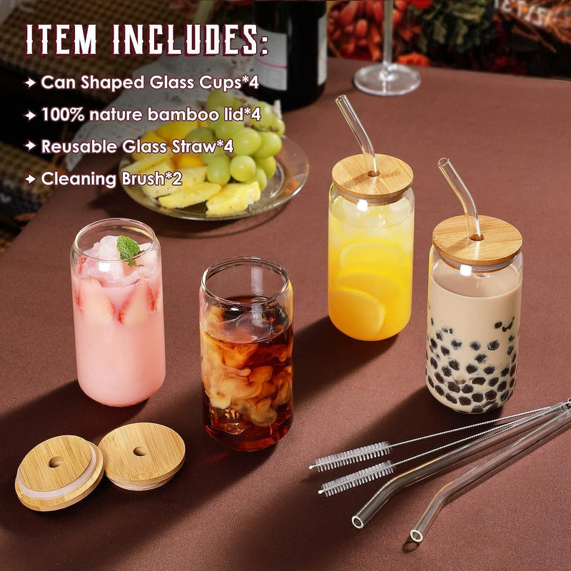 HOOJO Drinking Glasses with Bamboo Lids and Glass Straw 4pcs Set - 16oz Can Shaped Glass Cups, Iced Coffee Glasses, Cute Tumbler Cup, Ideal for Mocktails & Cocktails, Gift - 2 Cleaning Brushes (4)