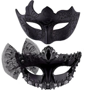 Couple Masquerade Masks Set Venetian Party Mask Plastic Halloween Costume Mask Mardi Gras Mask for Couples Women and Men, Black Silver - Black bow