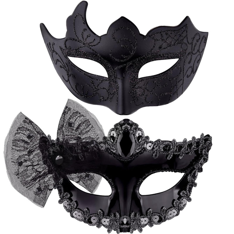 Couple Masquerade Masks Set Venetian Party Mask Plastic Halloween Costume Mask Mardi Gras Mask for Couples Women and Men, Black Silver - Black bow
