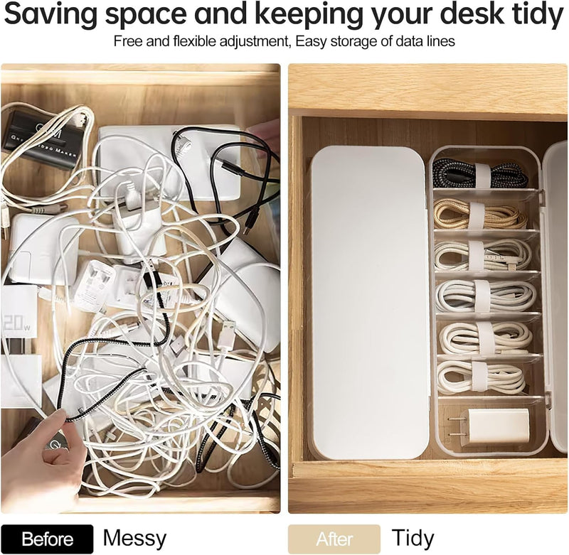 Cable Organizer Storage Box with 7 Wire Ties, Desktop Cable Management Box with Lid, Power Cord Organizer with 7 Compartments for Office, Home, Desk Accessories Storage Stationery Supplies White