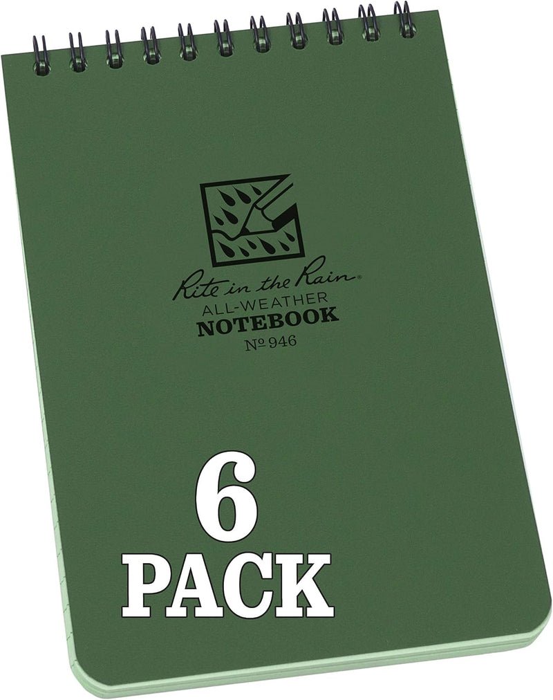 Rite In The Rain Weatherproof Top Spiral Notebook, 10.2 cm x 15.2 cm, Green Cover, Universal Pattern, 3 Pack (No. 946-3) - 6 Pack Green