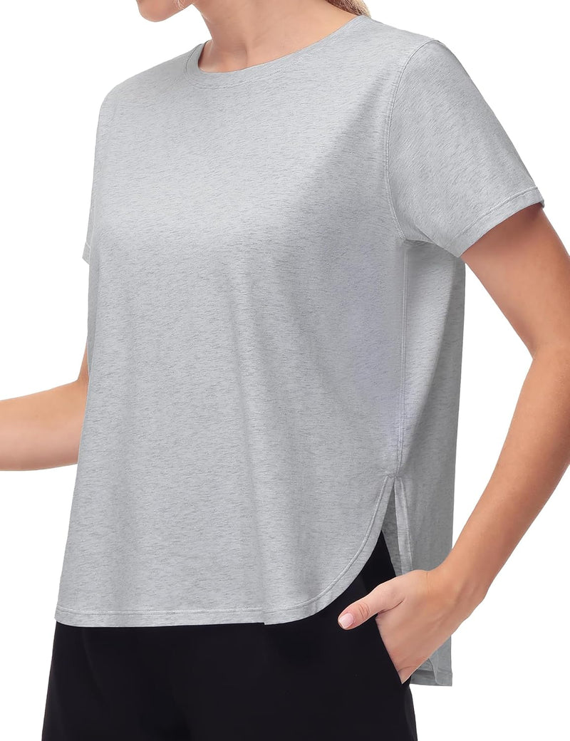 Women's Workout T-Shirts Loose Fit Short Sleeve Cotton Running Basic Tee Tops with Split Hem - Heather Grey