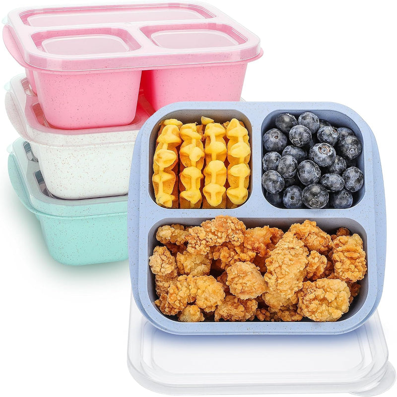 4 Pcs Stackable Wheat Straw PP 3-Compartment Bento Box, Meal Prep Container for School, Work, Travel, Freezer and Dishwasher Safe