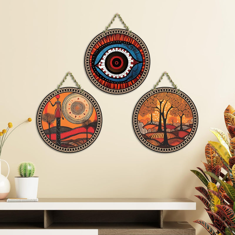 Artvibes Rajasthani Culture Wooden Wall Hanger for Home | Office | Living Room | Gift | Modern Decoration Items | Kitchen Wall Decor | Home Decor Hanging Items (WH_5012N), Set of 3