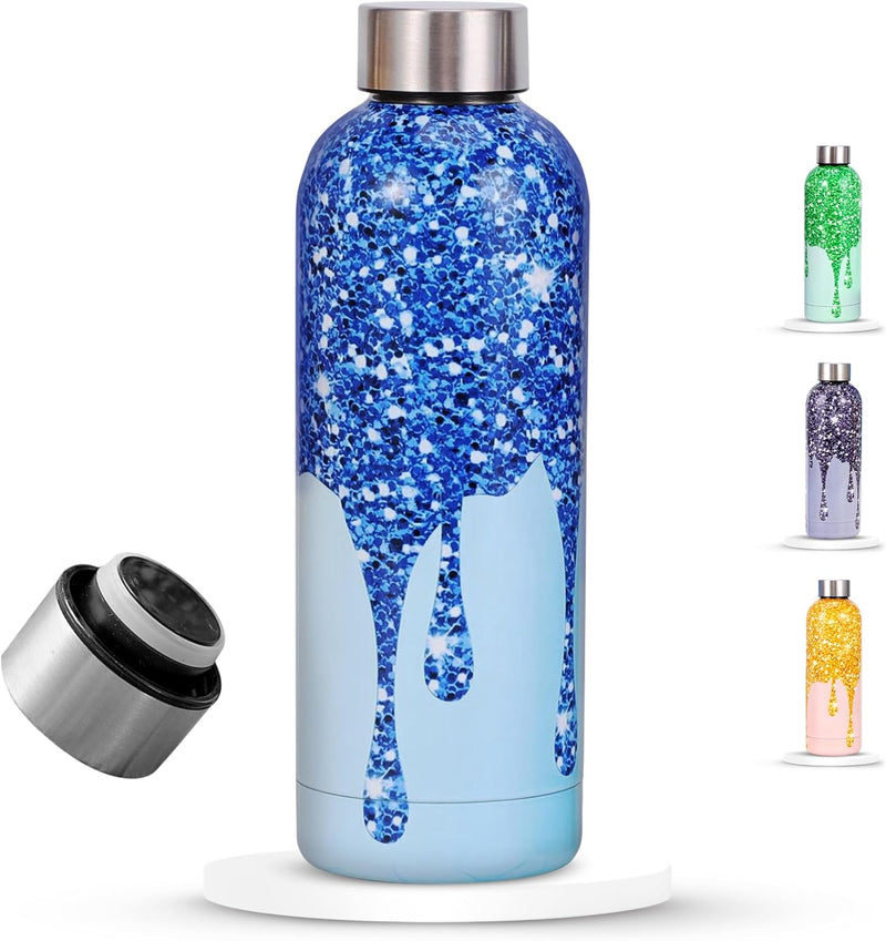 Water Bottle Stainless Steel, Drinking Thermos Double Wall Insulated Water Bottles for Hot and Cold Water Kids School Hydro Flask Water Bottle for Gym Office Water Bottle (TEA PINK 750ML) - SPARKLE BLUE 500ML