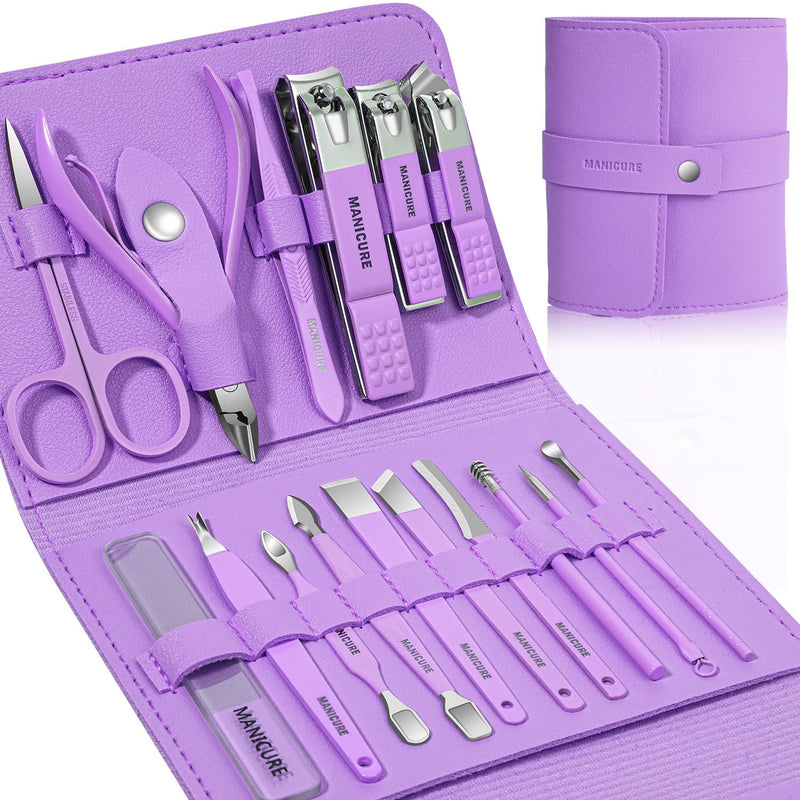 16 Stainless Steel Nail Care Tools, Manicure Set, Professional Nail Clipper Pedicure Set, Beauty Set with Luxury Travel Holster, Suitable for Men and Women with Thick Nails, Purple