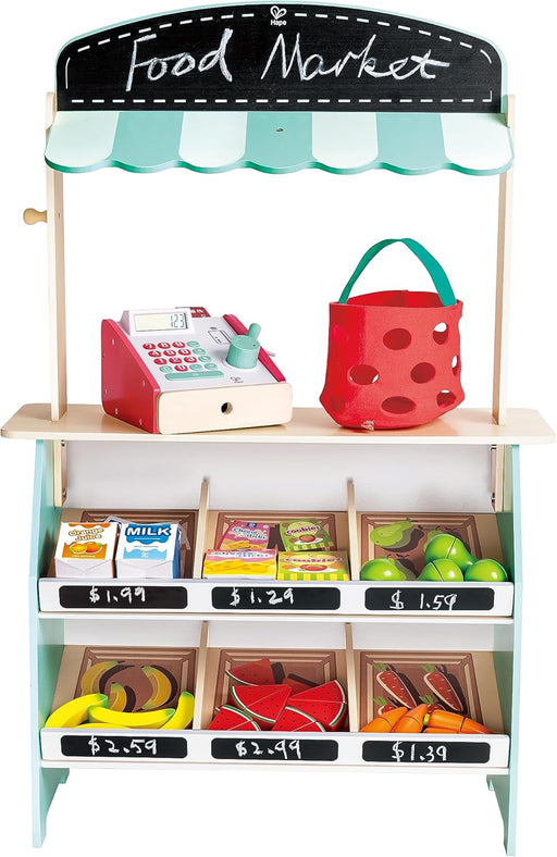 Hape Farmers Market Stall, Kitchen & Food Toys, Pretend Play for Kids Boys Girls, Wooden Toys, Non-Toxic Material, Mini Grocery Playset, Food Role Play, Accessories Included 62pcs, Ages 3Y+