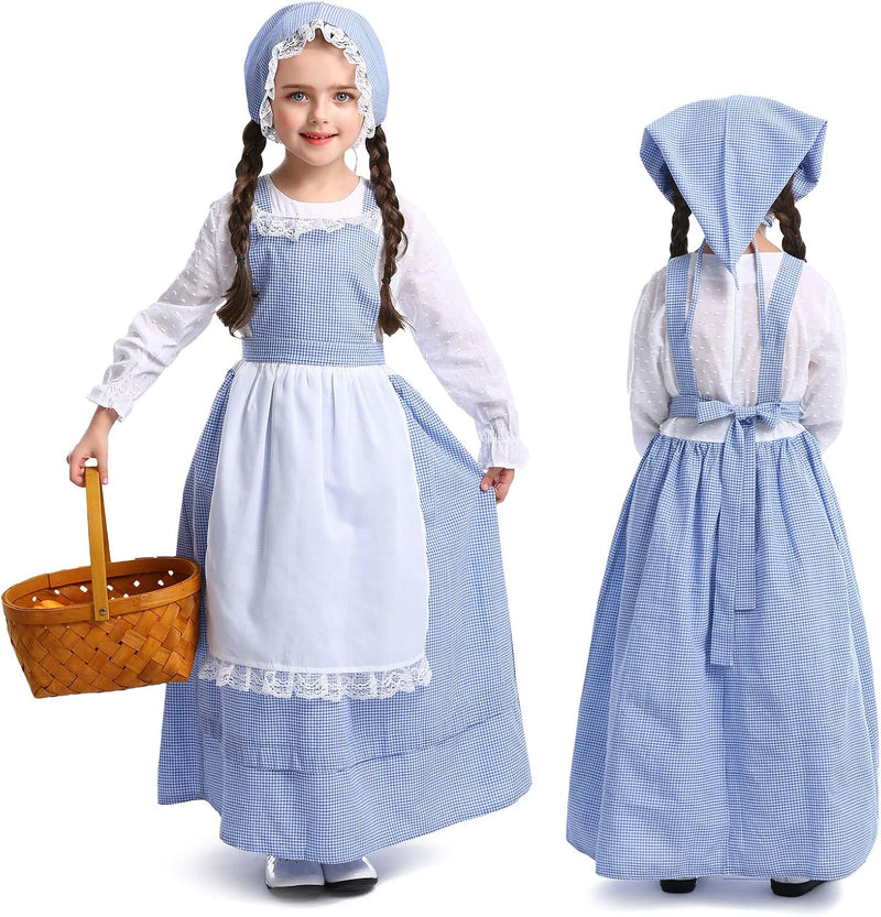 Pioneers Costume Dress For Girls Colonial Prairie Dress Halloween School Party Dress Up Full Set Blue - Blue