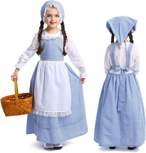 Pioneers Costume Dress For Girls Colonial Prairie Dress Halloween School Party Dress Up Full Set Blue - Blue