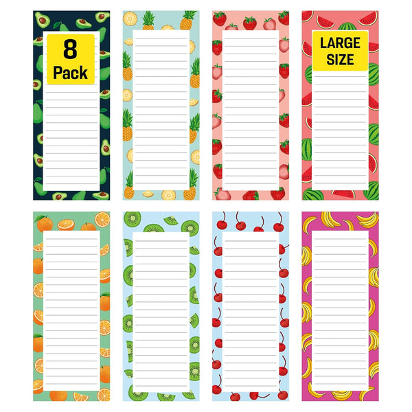 8 Magnetic Notepads - Large Notepads for Grocery List, Shopping List, To-Do List, Reminders, Recipes -Magnetic Back- Memo Notepad with Realistic Fruit Designs 60 Sheets per Pad 9 x 3.5 inch (8 Pack) - pink, blue, green, purple