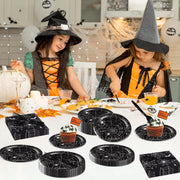 Halloween Spider Web Party Supplies - 96PCS Halloween Party Supplies Set Includes Plates Napkins Forks Horror Decor Supply Serves 24 Guests Tableware Kit