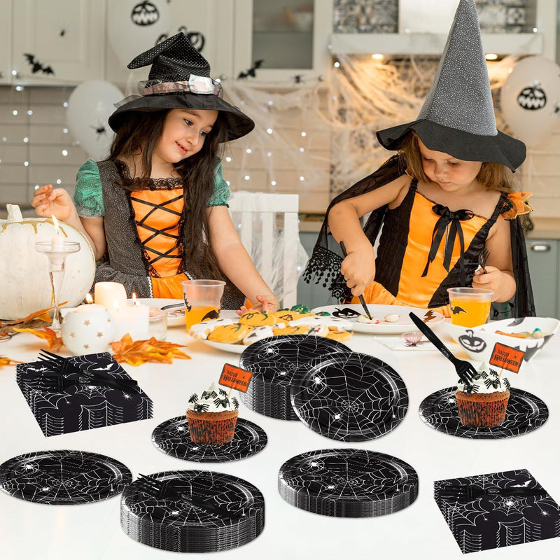 Halloween Spider Web Party Supplies - 96PCS Halloween Party Supplies Set Includes Plates Napkins Forks Horror Decor Supply Serves 24 Guests Tableware Kit