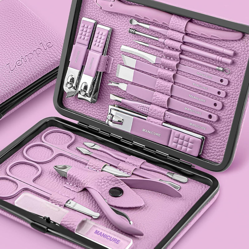Leipple Manicure Set Professional Pedicure Kit Nail Clippers Kit - 18 pcs Nail Care Tools - Grooming Kit with Luxurious Upgraded Travel Case (Purple)