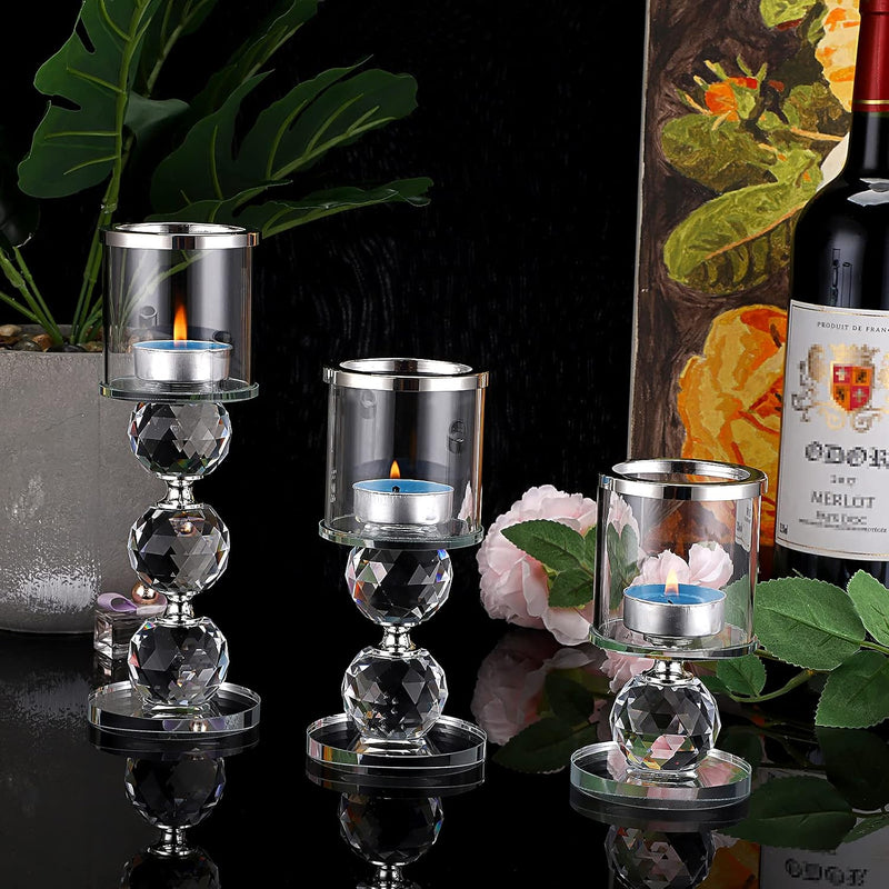 OwnMy Set of 3 Crystal Glass Candlestick Holders Pillar Candle Holders with Glass Covers, Modern Clear Glass Tea Light Candle Sticks Votive Candle Stands for Table Centerpiece Wedding Decor (Silver)